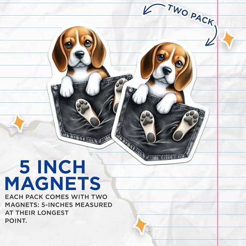 (2 Pack) Cute Puppy Magnets - Dog Refrigerator Magnets - Beagle Novelty Magnets for Fridge or Locker - 5" On Longest Side - for Cars, Fridges, Toolboxes - Made in USA - MAG3871