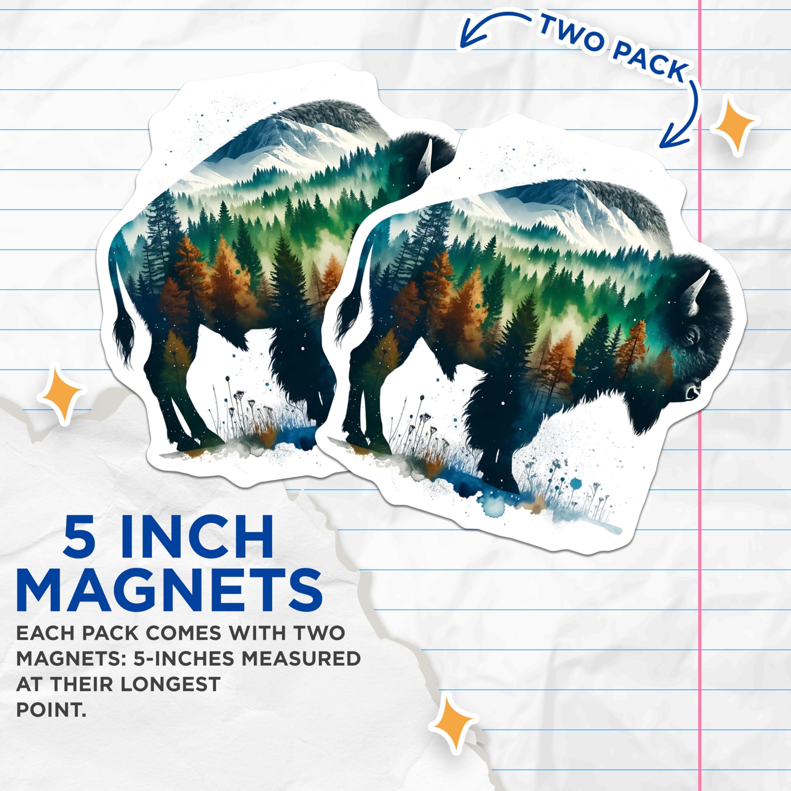 (2 Pack) Bison Magnets - Mountain Forest Decor - Nature Fridge Magnets - 5" On Longest Side - Premium Magnet - for Cars, Refrigerators, Toolboxes, Lockers - Made in USA - MAG15290