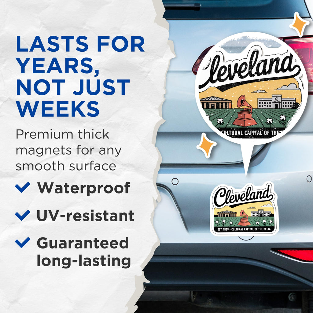 (2 Pack) Cleveland Magnets - Cultural Capital of Delta - Mississippi Souvenir - 5" On Longest Side - Premium Magnet - for Cars, Refrigerators, Toolboxes, Lockers - Made in USA - MAG18780