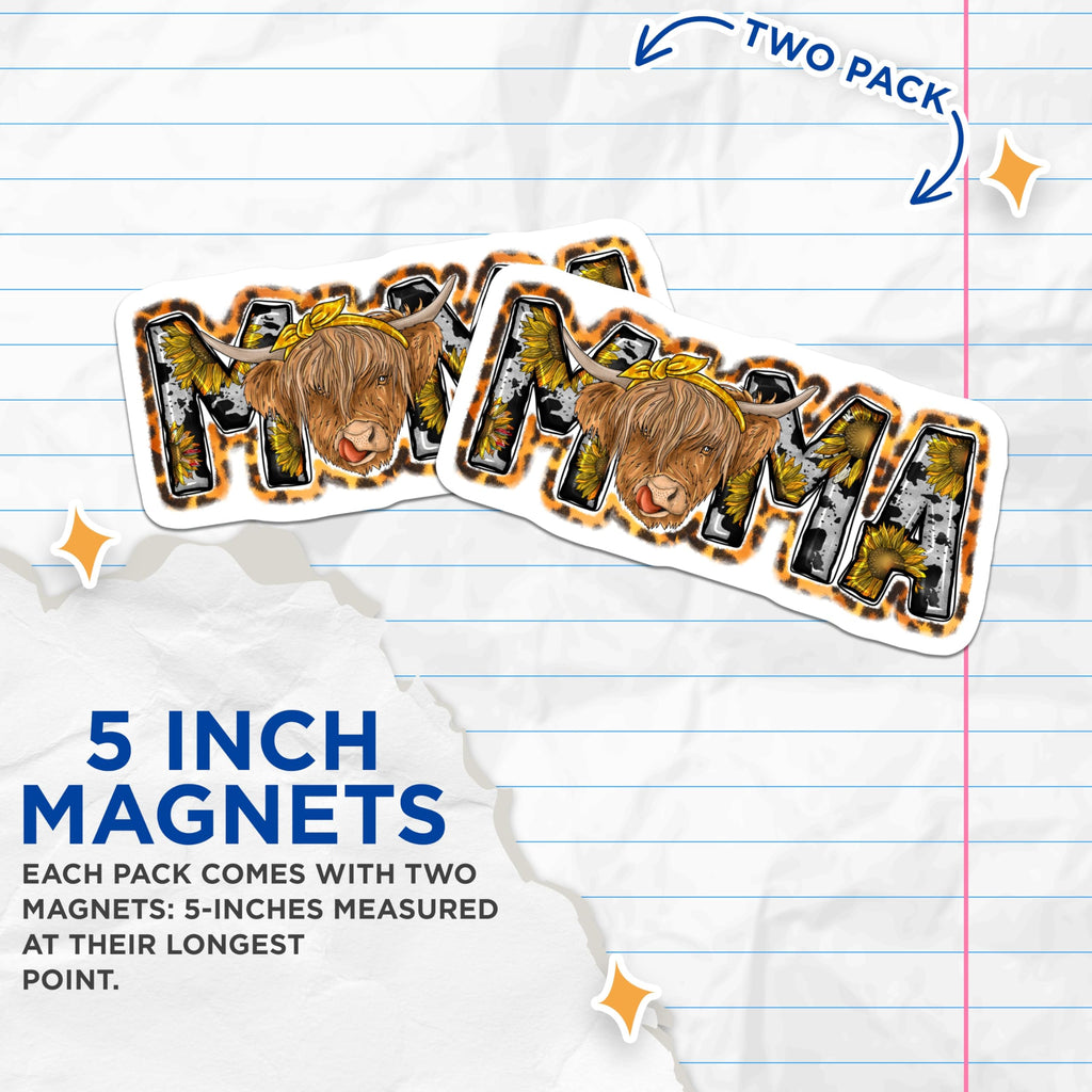 (2 Pack) Mama Highland Cow Magnets - Rustic Sunflower Cow Print Decor - Farmhouse Refrigerator Accessories - 5 Inches On Longest Side - Thick Durable Magnet - Made in USA - MAG23373