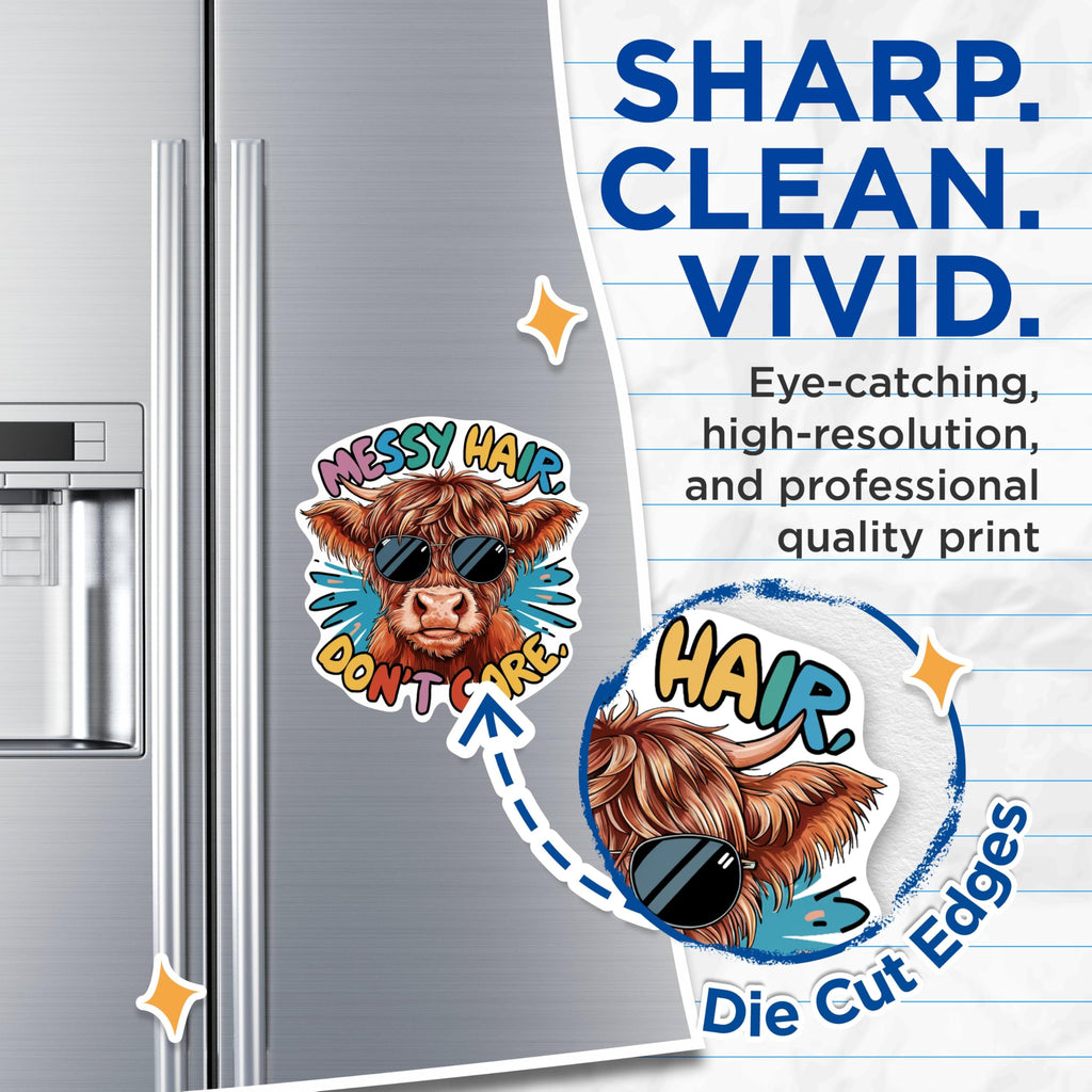 (2 Pack) Messy Hair, Don't Care. Magnets - Funny Punny Highland Cow Magnet - 5 Inches On Longest Side - Premium Magnet - for Cars, Refrigerators, Toolboxes - Made in USA - MAG2041