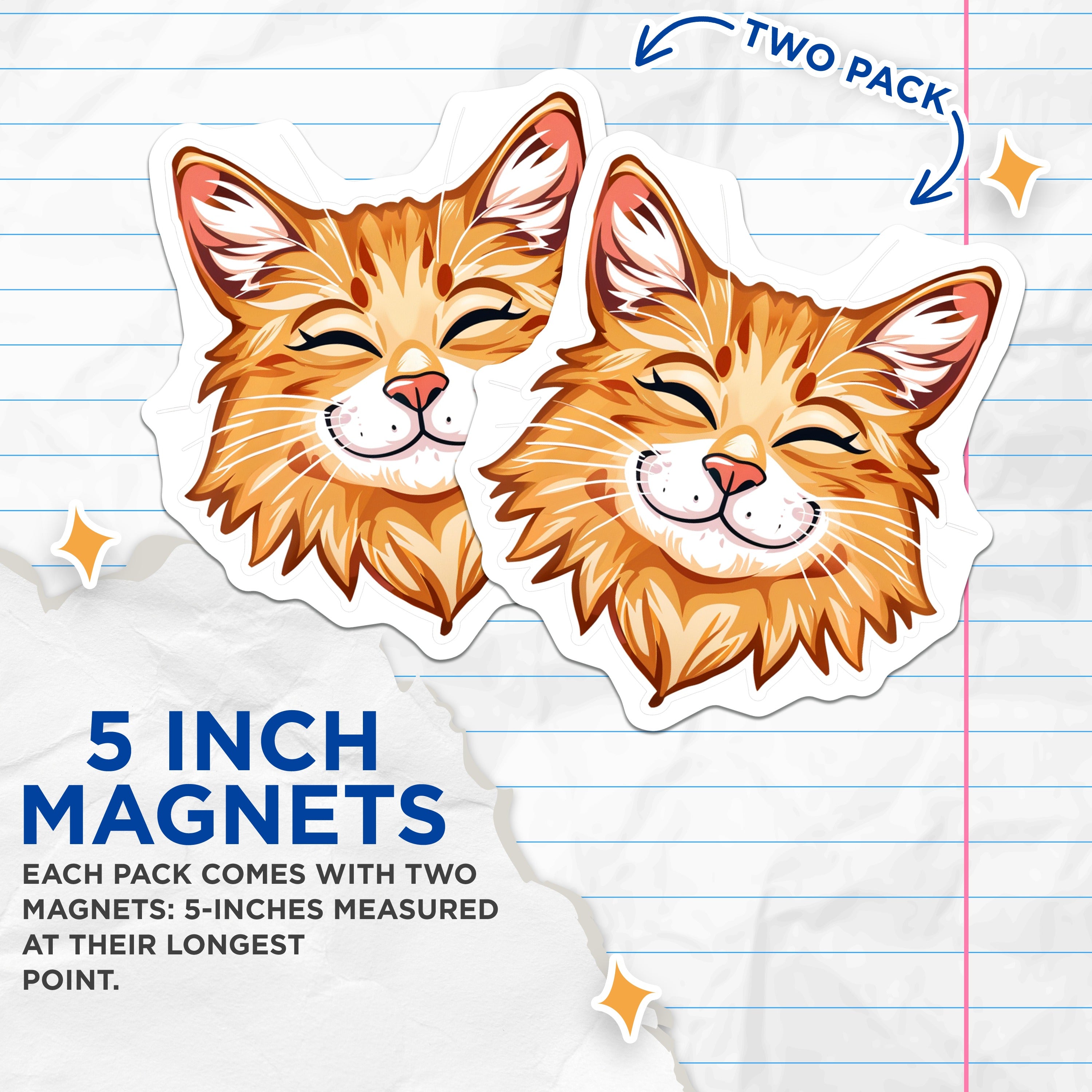 (2 Pack) Happy Cat Face Magnets - Cute Cat Lover Refrigerator Decor - Orange Tabby Pet Accent - 5 Inches On Longest Side - Thick Durable Magnet - Made in USA - MAG38562