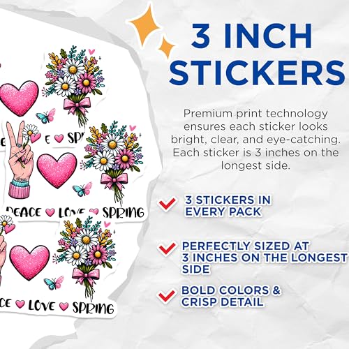 (3 Pack) Peace Love Spring Decals - Floral Heart Decal - Boho Aesthetic Decal - 3 Inches On Longest Side - Easy Peel & Apply - Made in USA - 3MCS6775