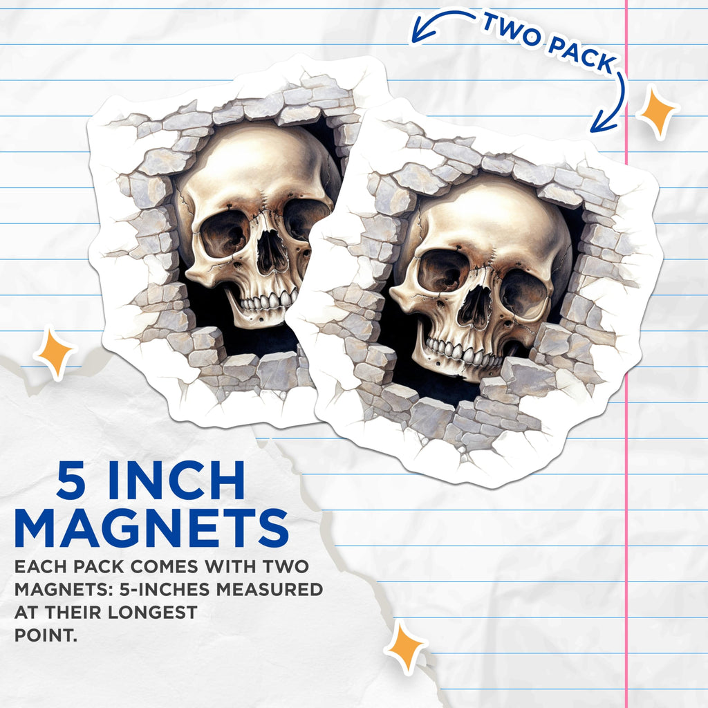 (2 Pack) Ancient Skull Magnets - Crumbled Stone Wall Design - Macabre Gothic Decor - Halloween Horror Refrigerator Magnets - 5 Inches On Longest Side - Thick Durable Magnet - Made in USA - MAG21113