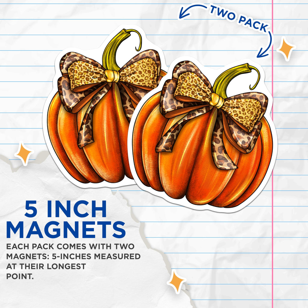 (2 Pack) Leopard Print Pumpkin Magnets - Autumn Farmhouse Decor - Fall Kitchen Fridge Decor - 5 Inches On Longest Side - Thick Durable Magnet - Made in USA - MAG28079