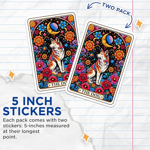 (2 Pack) Dog Floral Art Stickers - Colorful Moon Dog Stickers - Vibrant Dog and Flowers Stickers - 5" On Longest Side - Sticks to Smooth Flat Surfaces - Made in USA - BMCS4452