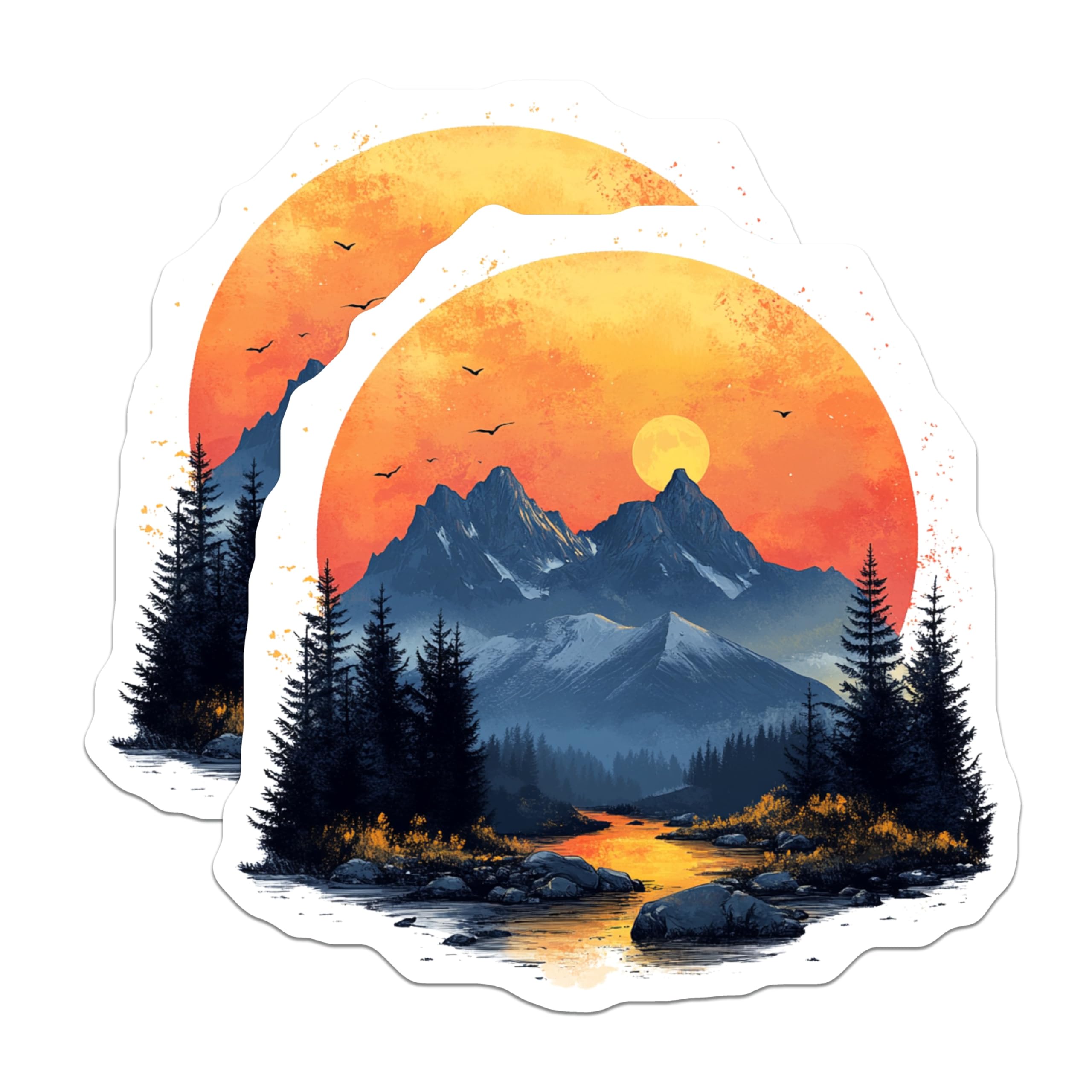 (2 Pack) Mountain Landscape Magnets - Vibrant Sunset River Scene - Forest Wilderness Nature Decor - 5 Inches On Longest Side - Thick Durable Magnet - Made in USA - MAG23460