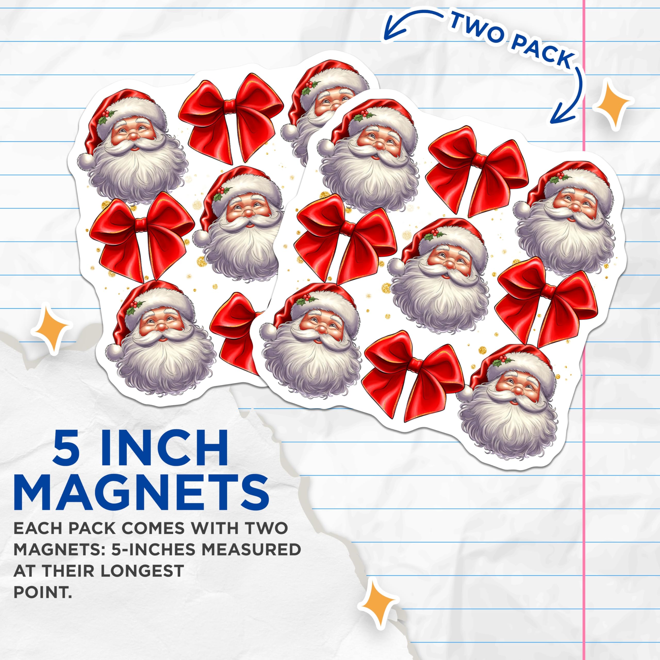 (2 Pack) Santa Claus Magnets - Christmas Bow Decor - Holiday Fridge Decoration - 5 Inches On Longest Side - Thick Durable Magnet - Made in USA - MAG28731