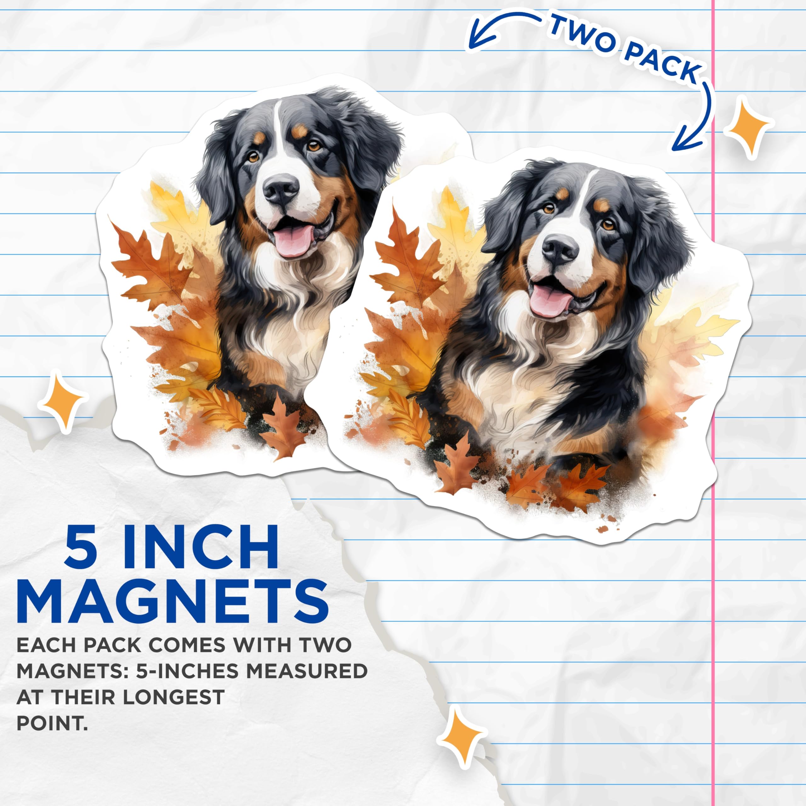 (2 Pack) Bernese Mountain Dog Magnets - Autumn Season Dog Decor - Fall Leaf Pet Artwork - Animal Lover Fridge Display - 5 Inches On Longest Side - Thick Durable Magnet - Made in USA - MAG24304