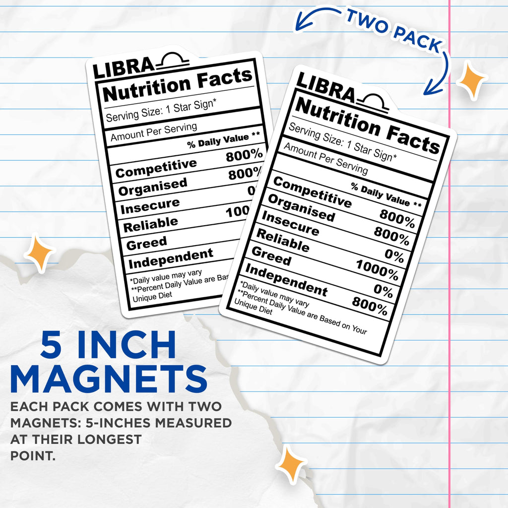 (2 Pack) Libra Star Sign Magnets - Nutrition Facts - Zodiac Astrology - 5" On Longest Side - Premium Magnet - for Cars, Refrigerators, Toolboxes, Lockers - Made in USA - MAG16218