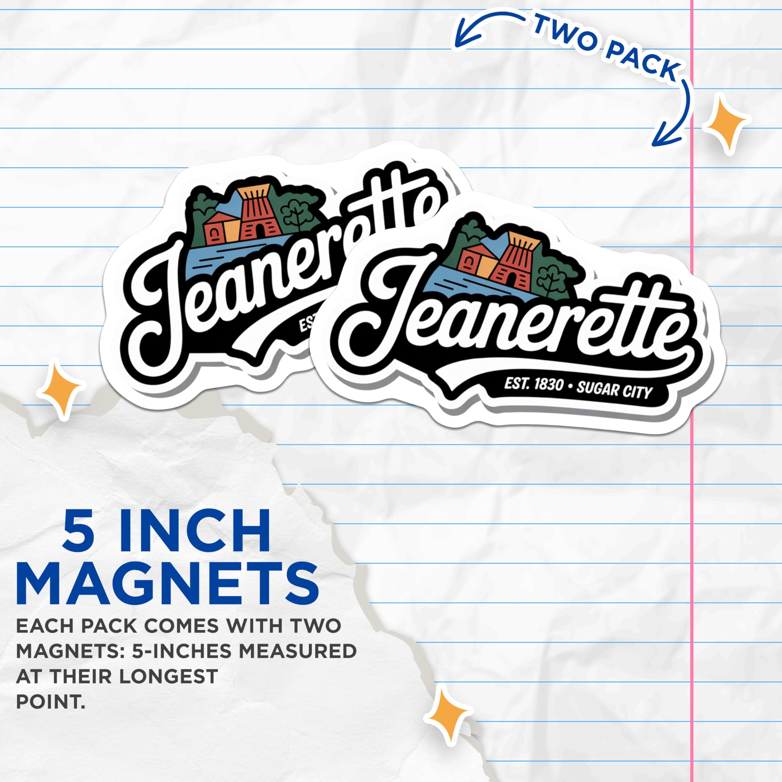 (2 Pack) Jeanerette Louisiana Magnets - Sugar City Souvenir - Town Landmark Decor - 5" On Longest Side - Premium Magnet - for Cars, Refrigerators, Toolboxes, Lockers - Made in USA - MAG18354