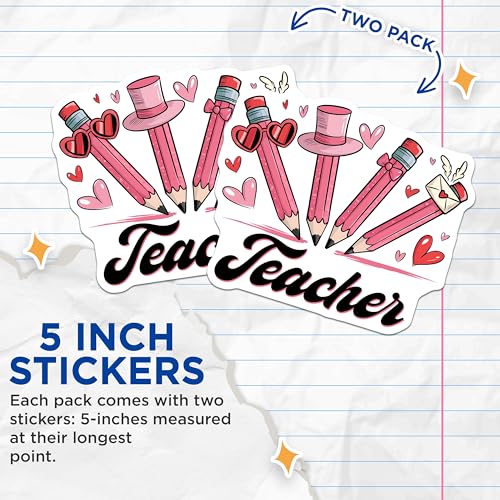(2 Pack) Teacher Red Pencil Heart Envelope Stickers - Teacher Appreciation - Teacher School Decor - 5" On Longest Side - Sticks to Smooth Flat Surfaces - Made in USA - BMCS7644