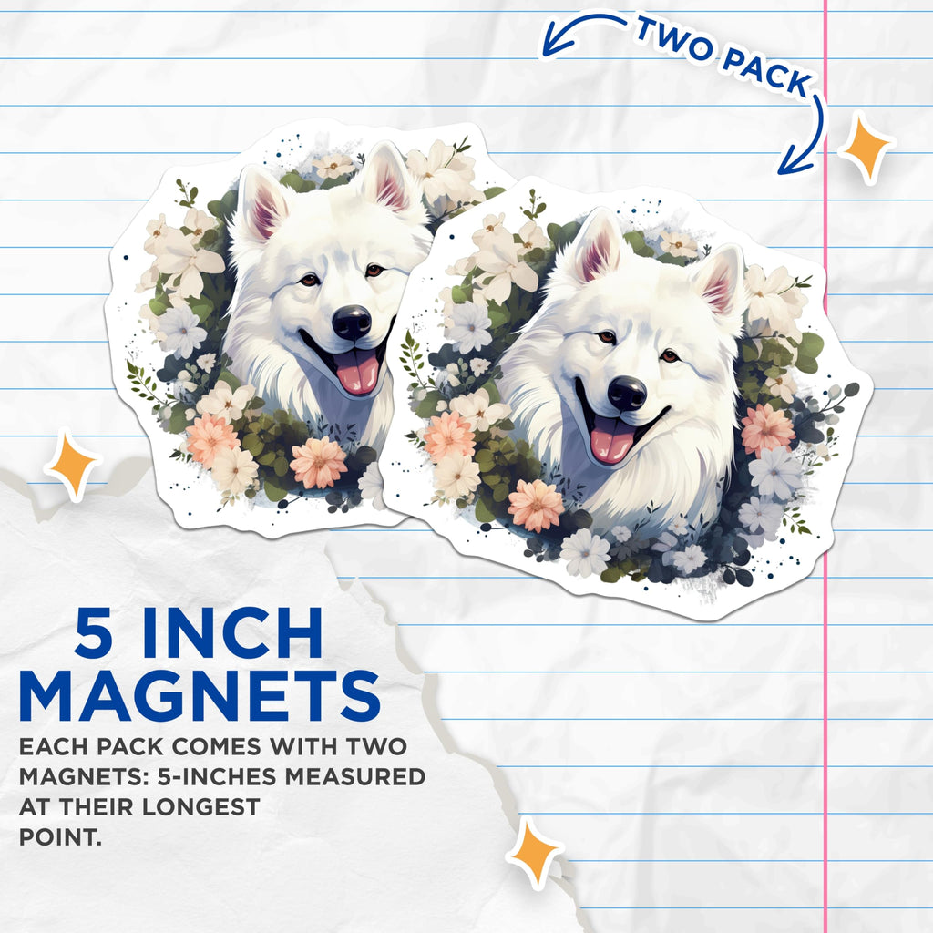 (2 Pack) Samoyed Dog Magnets - Floral Animal Decor - Dog Mom Refrigerator Magnets - 5 Inches On Longest Side - Thick Durable Magnet - Made in USA - MAG27005