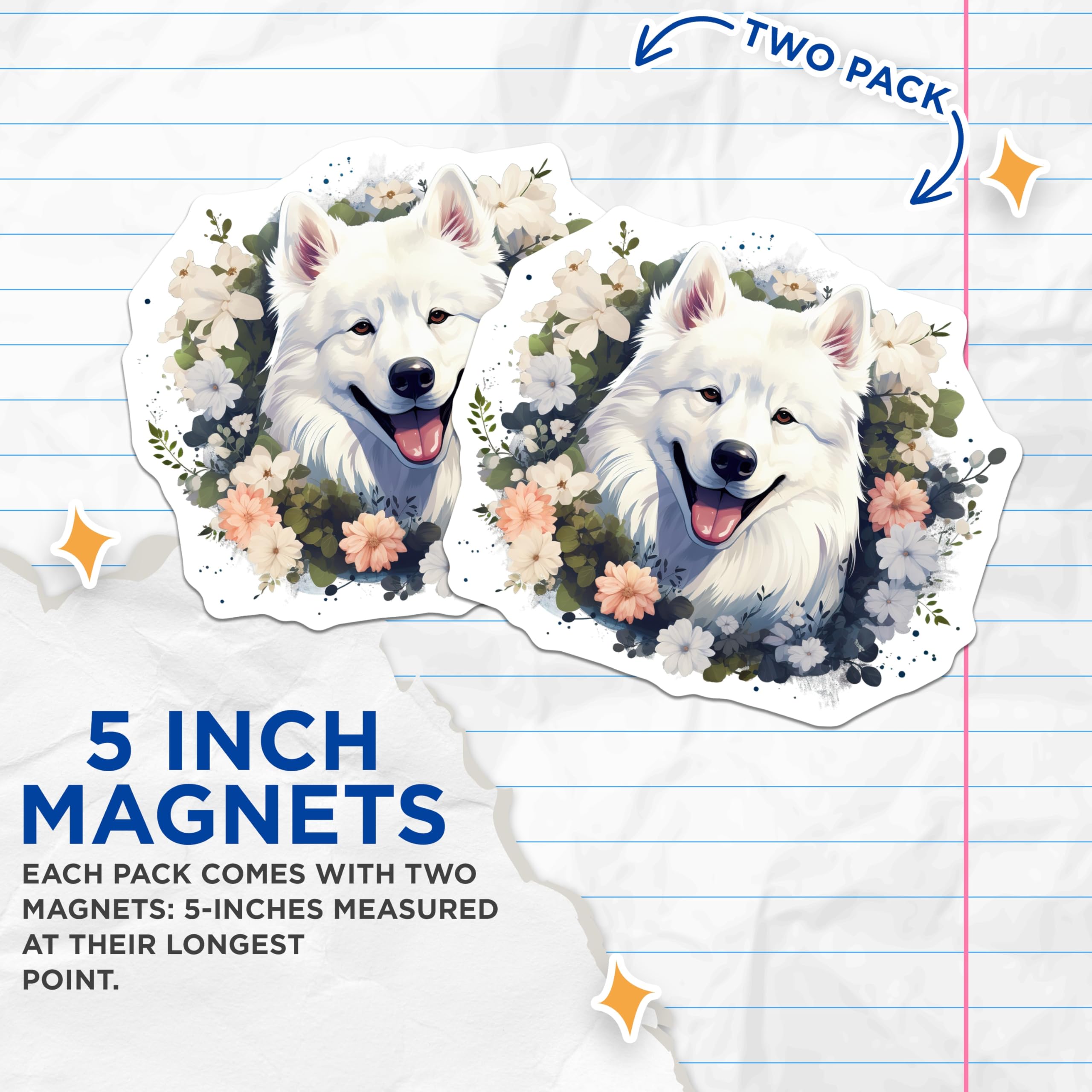 (2 Pack) Samoyed Dog Magnets - Floral Animal Decor - Dog Mom Refrigerator Magnets - 5 Inches On Longest Side - Thick Durable Magnet - Made in USA - MAG27005