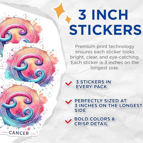 (3 Pack) Cancer Zodiac Decals - Watercolor Astrology Sign - Laptop Decal- 3 Inches On Longest Side - Easy Peel & Apply - Made in USA - 3MCS5539