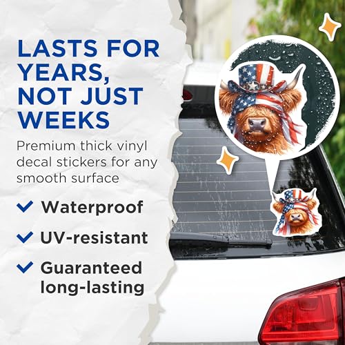 (2 Pack) Patriotic Cow Stickers - American Flag Highland Cow - Independence Day Animal Sticker - 5" On Longest Side - Sticks to Smooth Flat Surfaces - Made in USA - BMCS6348