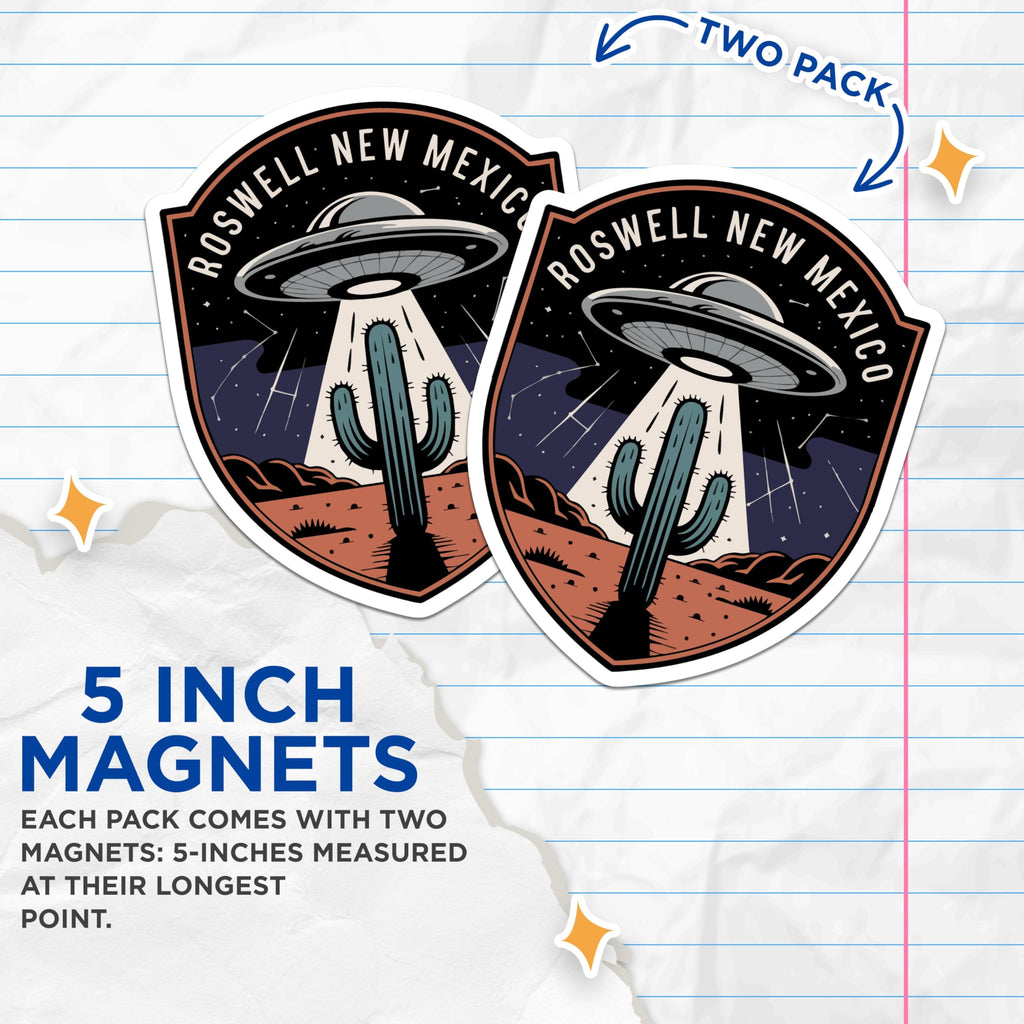 (2 Pack) Roswell New Mexico Magnets - UFO Alien Abduction Decor - Retro Sci Fi Desert Souvenir - 5 Inches On Longest Side - Thick Durable Magnet - Made in USA - MAG22734