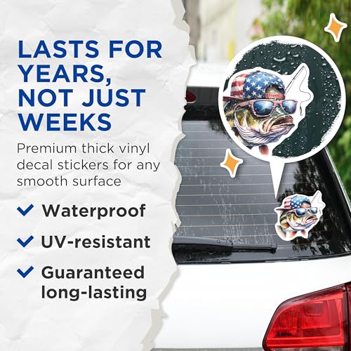 (2 Pack) Cool Fish Stickers - Funny Fishing Decal - Patriotic Fish Sunglasses Cap - 5" On Longest Side - Sticks to Smooth Flat Surfaces - Made in USA - BMCS8591