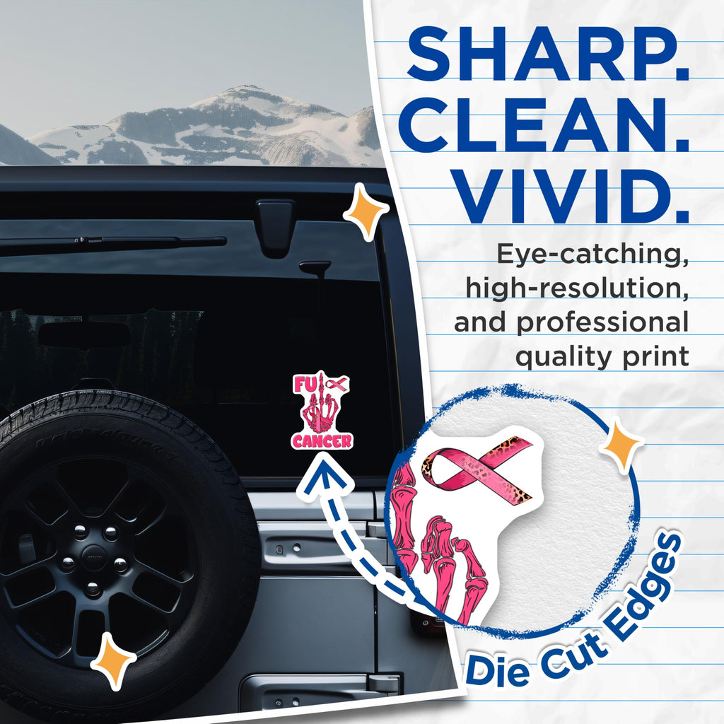(2 Pack) FU Cancer Stickers - Breast Cancer Awareness Decals - Middle Finger Skeleton Ribbon - 5" On Longest Side - Sticks to Smooth Flat Surfaces - Made in USA - BMCS17128