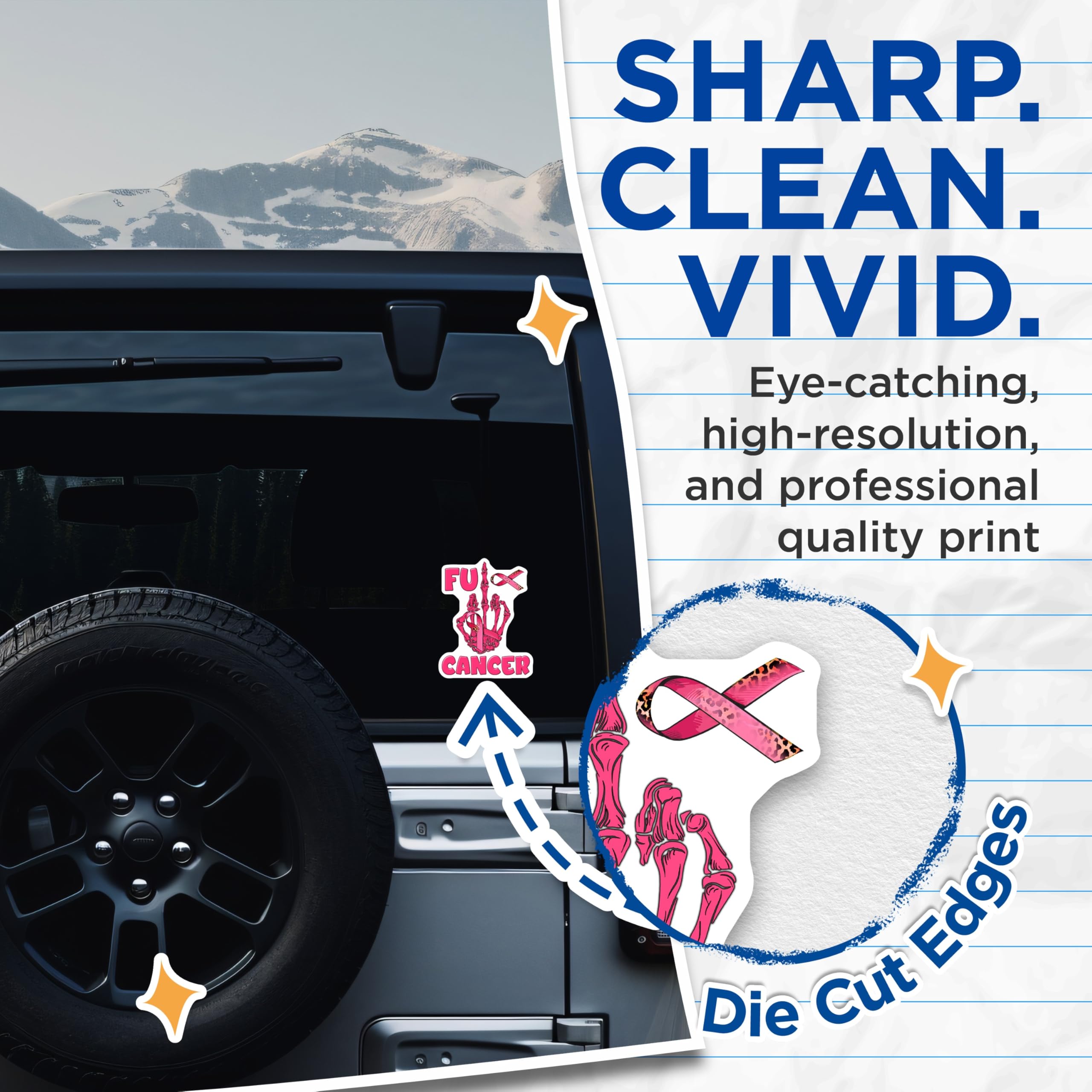 (2 Pack) FU Cancer Stickers - Breast Cancer Awareness Decals - Middle Finger Skeleton Ribbon - 5" On Longest Side - Sticks to Smooth Flat Surfaces - Made in USA - BMCS17128