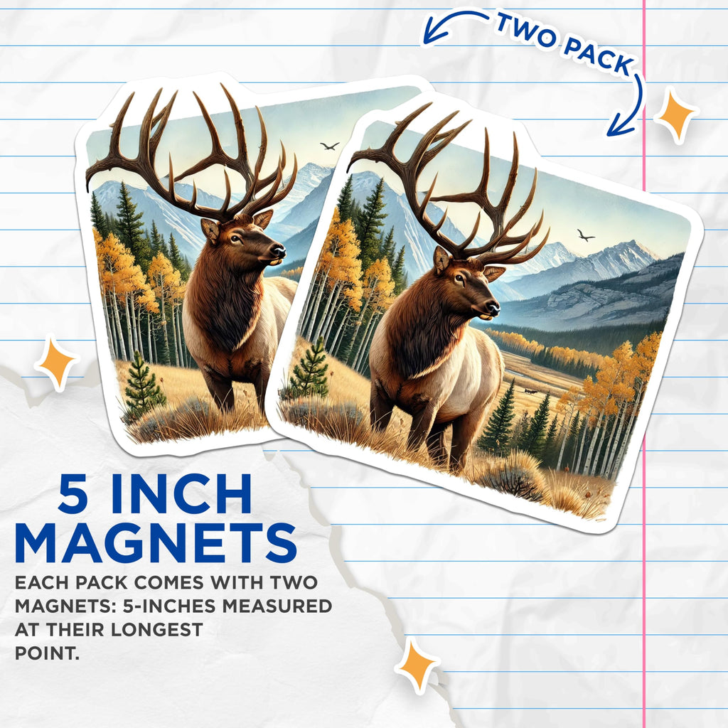 (2 Pack) Elk Scenery Magnets - Wildlife Decor - Mountain Fridge Magnets - 5" On Longest Side - Premium Magnet - for Cars, Refrigerators, Toolboxes, Lockers - Made in USA - MAG18893