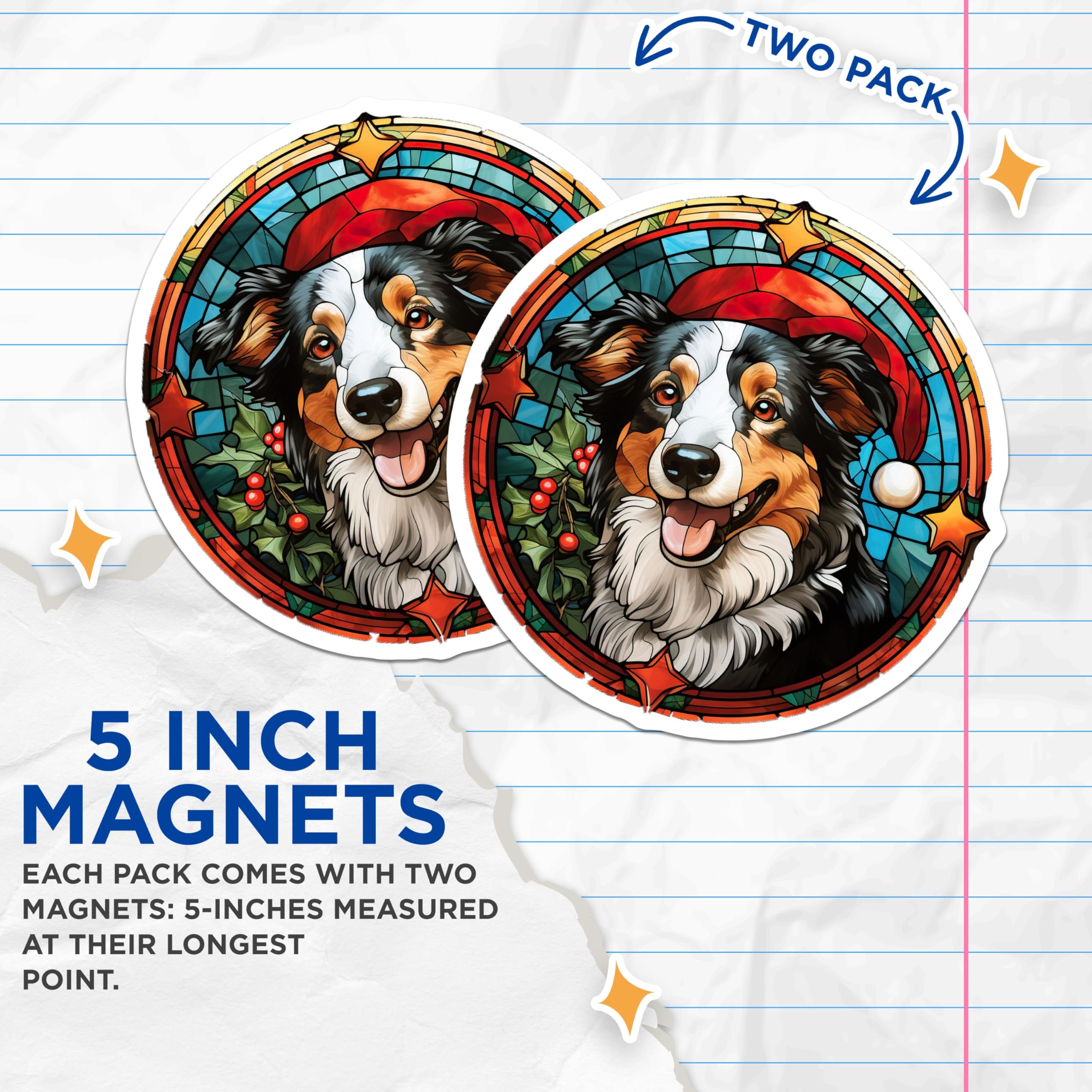 (2 Pack) Australian Shepherd Magnets - Stained Glass Dog Art - Christmas Holiday Decor for Pet Owners - 5 Inches On Longest Side - Thick Durable Magnet - Made in USA - MAG29068