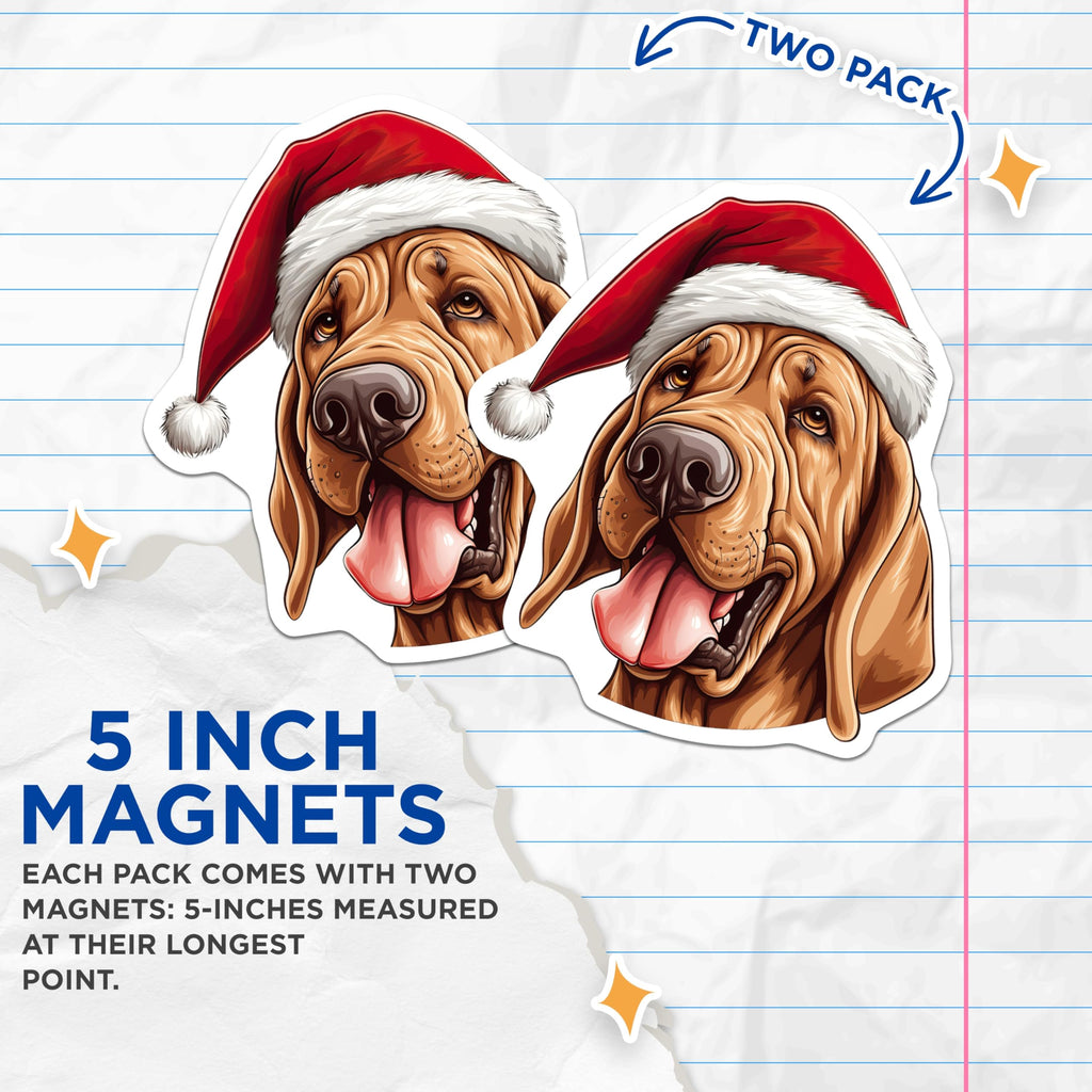 (2 Pack) Bloodhound Christmas Magnets - Santa Hat Dog Decor - Holiday Pet Refrigerator Accent - 5 Inches On Longest Side - Thick Durable Magnet - Made in USA - MAG24207