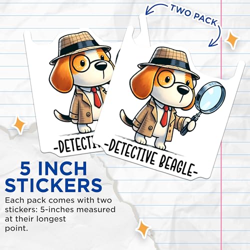 (2 Pack) Detective Beagle Stickers - Cute Dog Stickers - Investigator Dog Decals - 5" On Longest Side - Sticks to Smooth Flat Surfaces - Made in USA - BMCS3638
