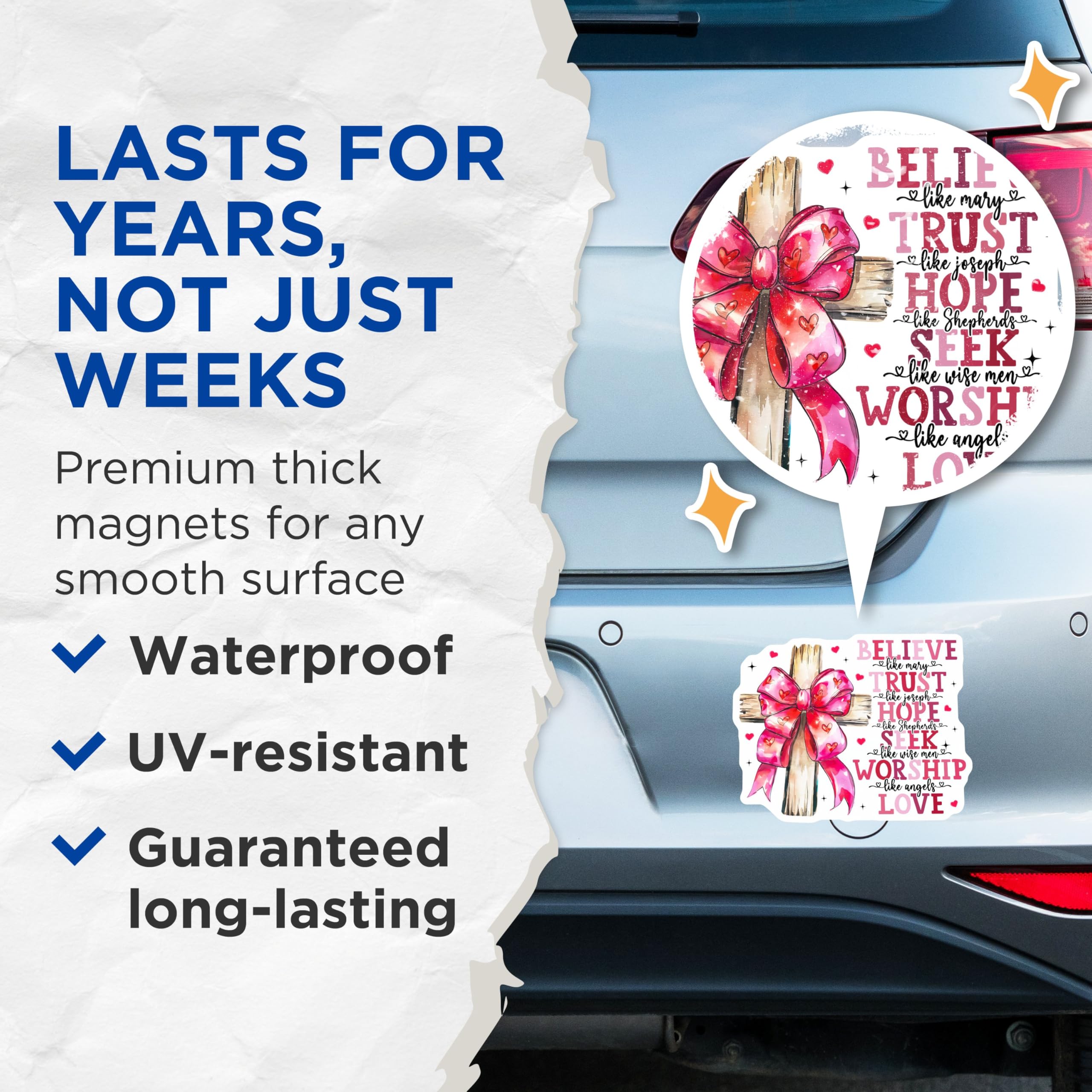 (2 Pack) Believe Trust Hope Seek Worship Love Magnets - Inspirational Quote for Religious Home - 5" On Longest Side - for Cars, Refrigerators, Toolboxes, Lockers - Made in USA BMCS3403