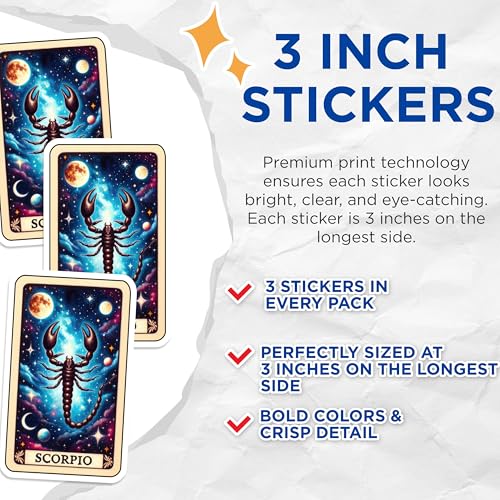 (3 Pack) Scorpio Zodiac Decals - Astrology Sign - Horoscope Gifts - 3 Inches On Longest Side - Easy Peel & Apply - Made in USA - 3MCS4063