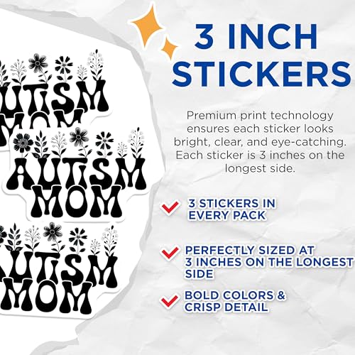 (3 Pack) Autism Mom Decals - Floral Awareness Decal - Neurodiversity Support Decals - 3 Inches On Longest Side - Easy Peel & Apply - Made in USA - 3MCS6893