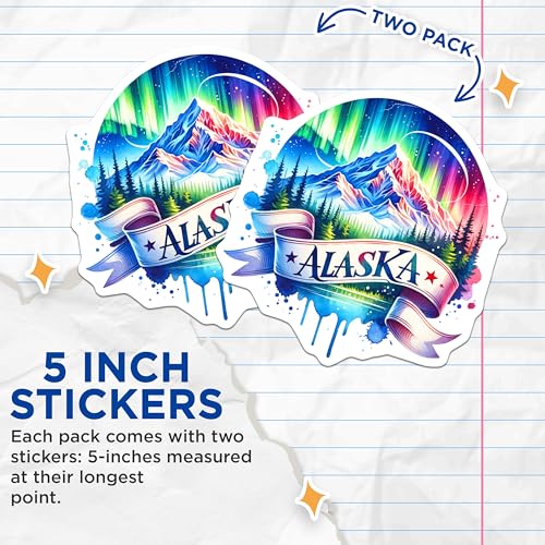 (2 Pack) Alaska Adventure Stickers - Aurora Borealis - Nature Escape - 5" On Longest Side - Sticks to Smooth Flat Surfaces - Made in USA - BMCS7213