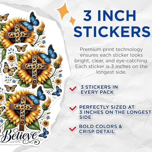 (3 Pack) Sunflower Cross Decals - Leopard Christian Decor - Believe Butterfly Art - 3 Inches On Longest Side - Easy Peel & Apply - Made in USA - 3MCS6642