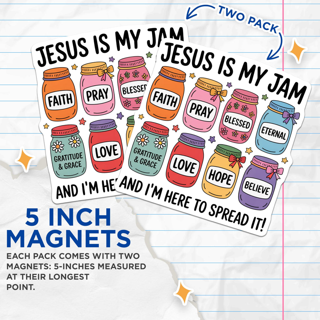 (2 Pack) Jesus is My Jam Magnets - Christian Faith Decor - Inspirational Fridge Locker Magnets - 5 Inches On Longest Side - Thick Durable Magnet - Made in USA - MAG30132