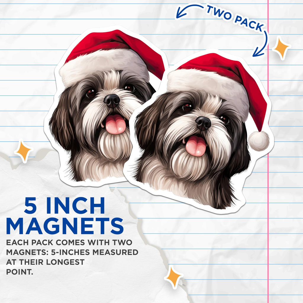 (2 Pack) Shih Tzu Magnets - Christmas Dog Decor - Santa Hat Puppy - Holiday Pet Lover Fridge Accessories - 5 Inches On Longest Side - Thick Durable Magnet - Made in USA - MAG25974