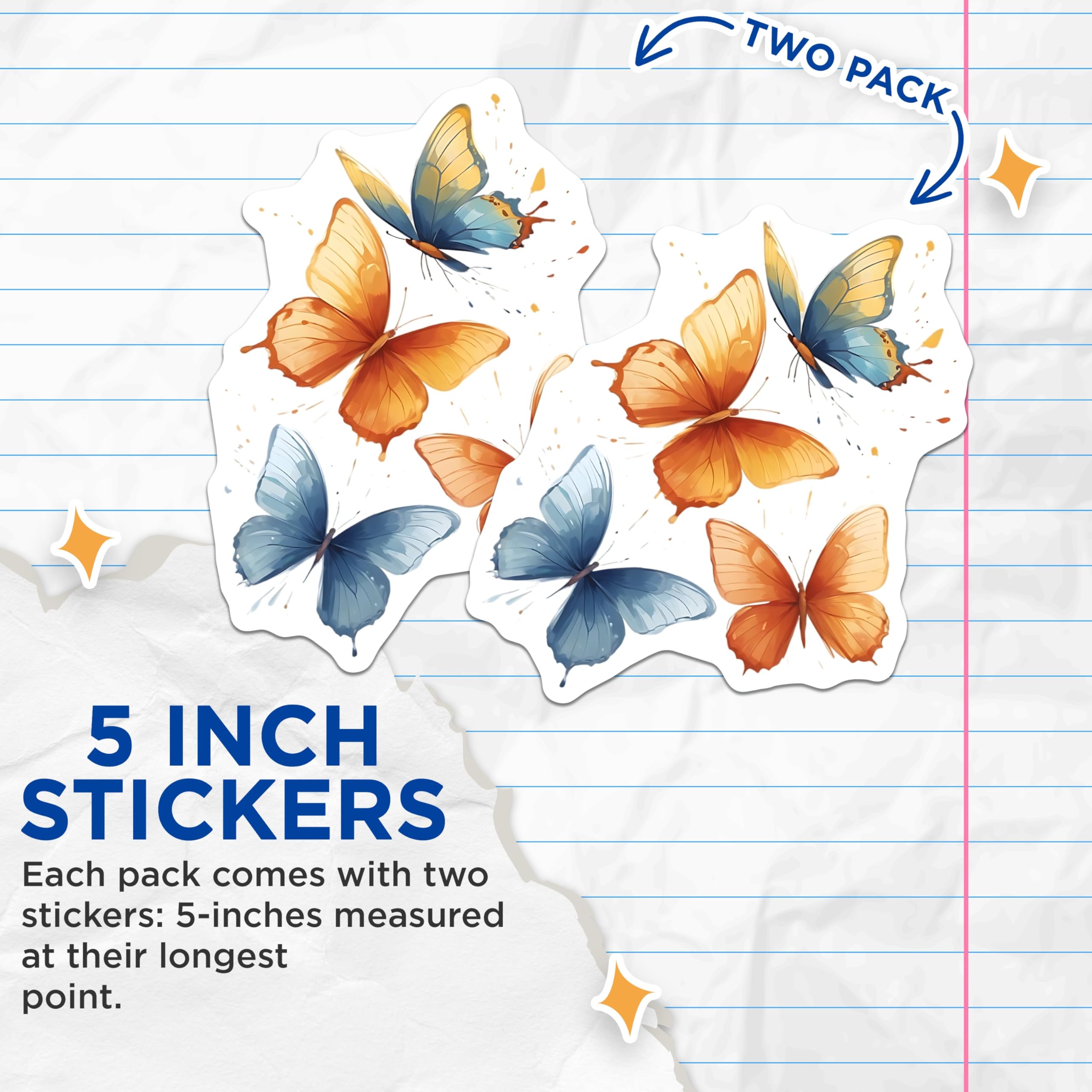 (2 Pack) Butterfly Stickers - Colorful Insect Stickers - Watercolor Butterfly Art - 5" On Longest Side - Sticks to Smooth Flat Surfaces - Made in USA - BMCS14116