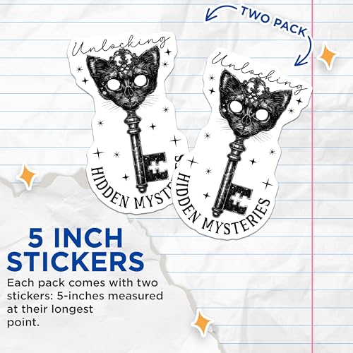 (2 Pack) Unlocking Hidden Mysteries Stickers - Cat Key Stickers - Intriguing Gothic Design Stickers - 5" On Longest Side - Sticks to Any Smooth Flat Surface - Made in USA - BMCS3601