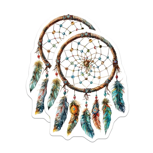 (2 Pack) Dream Catcher Stickers - Boho Bohemian Decor - Colorful Feathers Decal - 5" On Longest Side - Sticks to Smooth Flat Surfaces - Made in USA - BMCS8865 - Spiritual Tribal Art