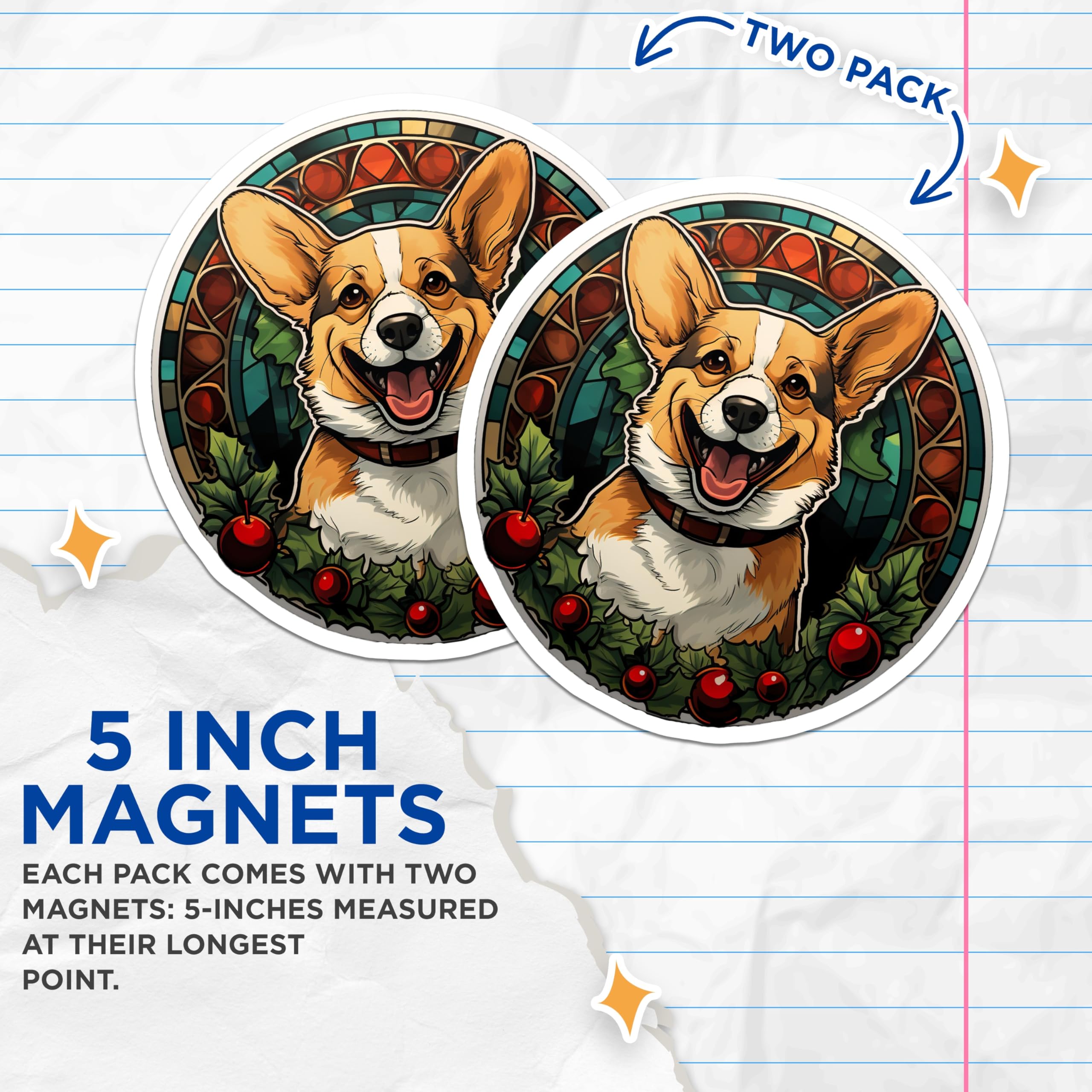 (2 Pack) Corgi Christmas Magnets - Stained Glass Art Style Holiday Dog Fridge Decor - Cute Pet Owner Accessory - 5 Inches On Longest Side - Thick Durable Magnet - Made in USA - MAG25685