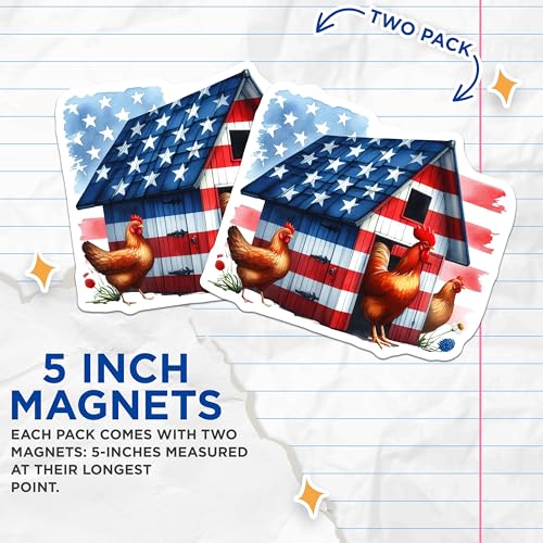 (2 Pack) Patriotic Chicken Coop Magnets - Farmhouse Decor - American Flag Magnets - 5" On Longest Side - for Cars, Fridges, Toolboxes - Made in USA - MAG7284