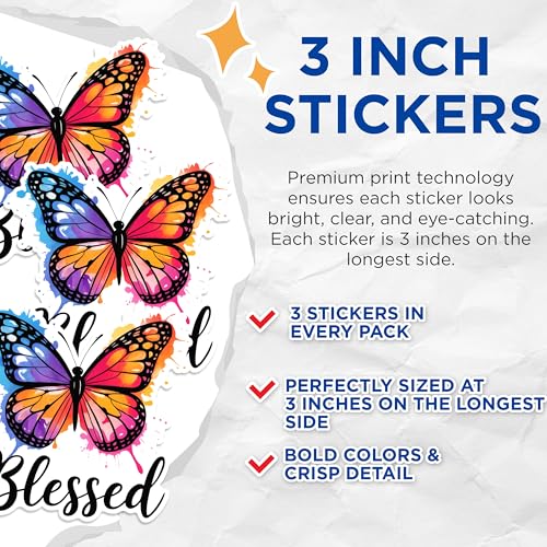 (3 Pack) Butterfly Decals - Blessed Sticker - Laptop Decal - 3 Inches On Longest Side - Easy Peel & Apply - Made in USA - 3MCS1701
