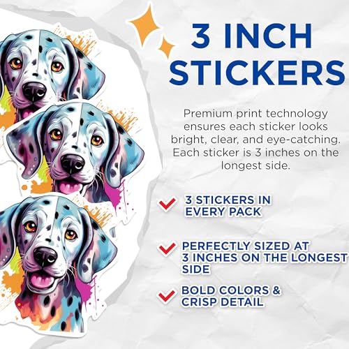 (3 Pack) Dalmatian Dog Decals - Colorful Puppy - Laptop Decals - 3 Inches On Longest Side - Easy Peel & Apply - Made in USA - 3MCS0720