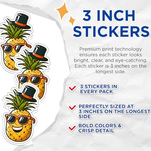 (3 Pack) Pineapple with Hat Decals - Summer Fun Stickers - Laptop Decal - 3 Inches On Longest Side - Easy Peel & Apply - Made in USA - 3MCS0983