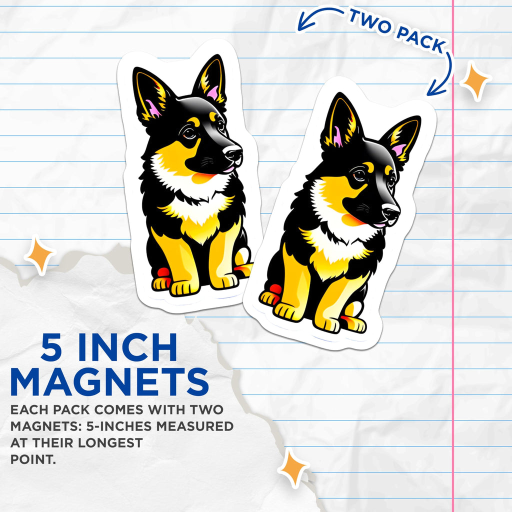 (2 Pack) German Shepherd Magnets - Cute Puppy Dog Art - Pet Lover Vehicle Decor - Refrigerator Locker Accent Display - 5 Inches On Longest Side - Thick Durable Magnet - Made in USA - MAG21444