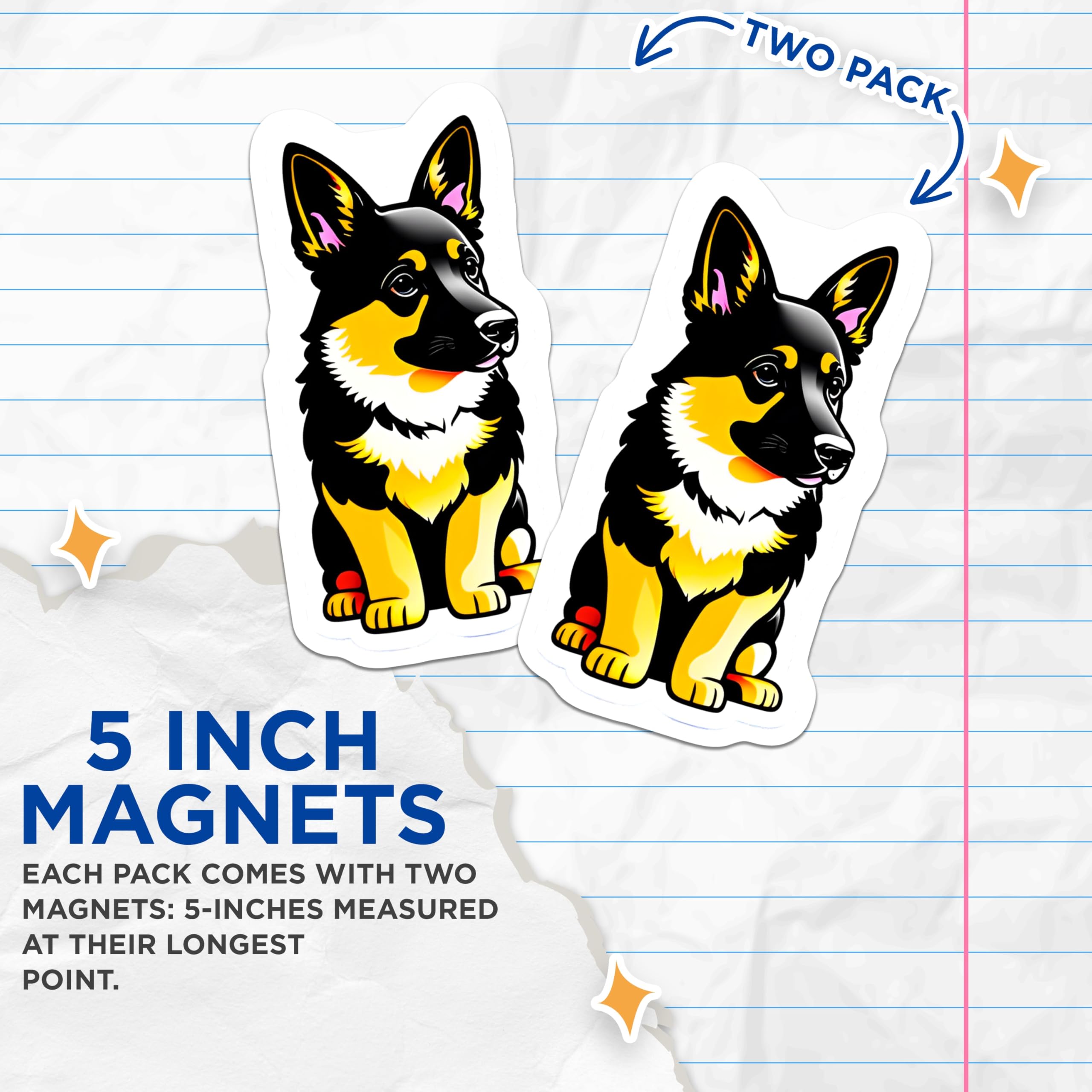 (2 Pack) German Shepherd Magnets - Cute Puppy Dog Art - Pet Lover Vehicle Decor - Refrigerator Locker Accent Display - 5 Inches On Longest Side - Thick Durable Magnet - Made in USA - MAG21444