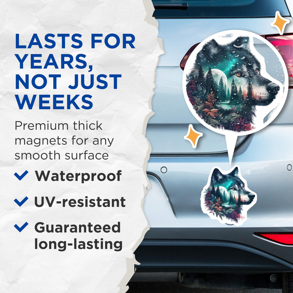 (2 Pack) Wolf Magnets - Forest Night Design - Fridge Decor Magnet - 5" On Longest Side - Premium Magnet - for Cars, Refrigerators, Toolboxes, Lockers - Made in USA - MAG15114