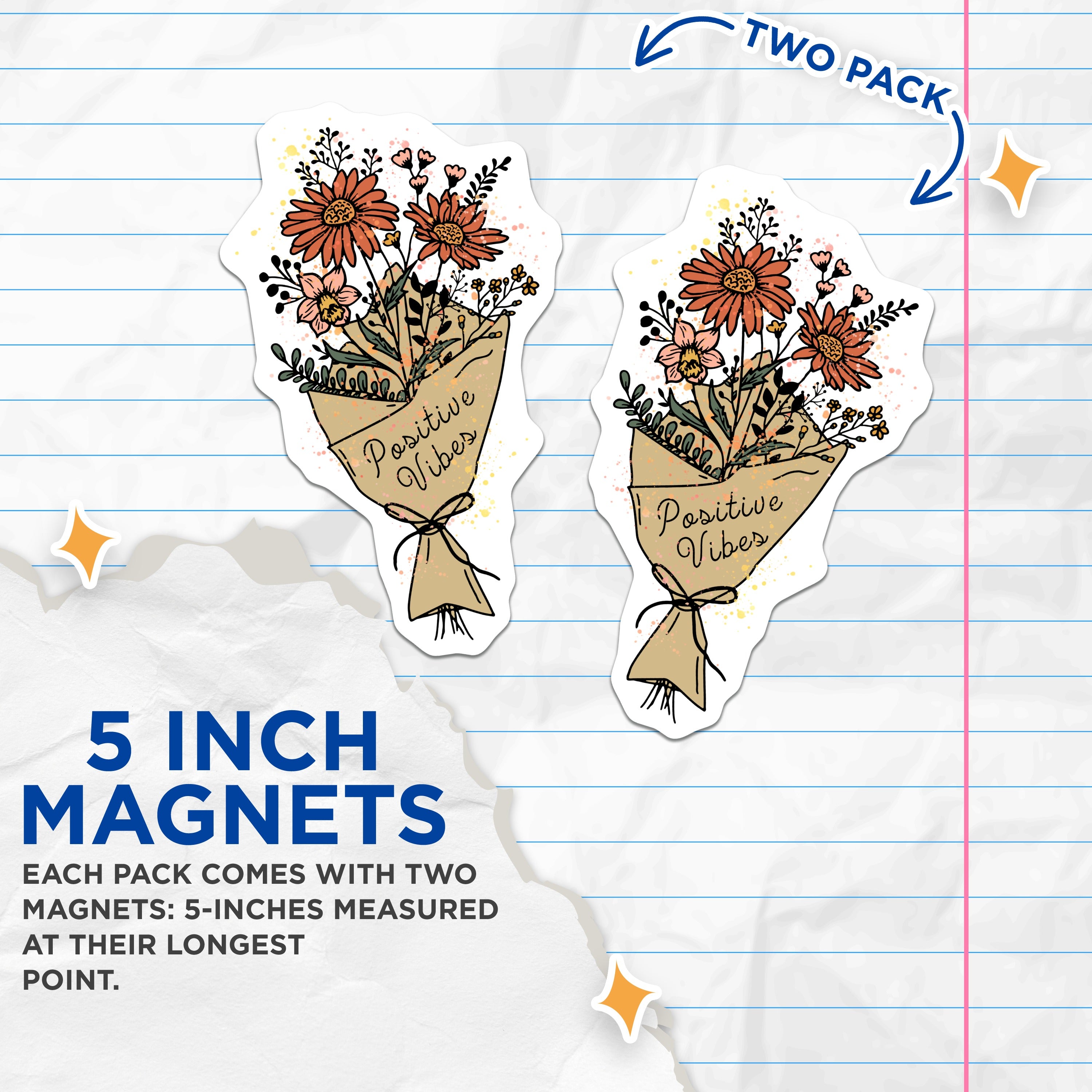 (2 Pack) Positive Vibes Floral Bouquet Magnets - Boho Refrigerator Decor - Good Energy Locker Accessory - 5 Inches On Longest Side - Thick Durable Magnet - Made in USA - MAG37228