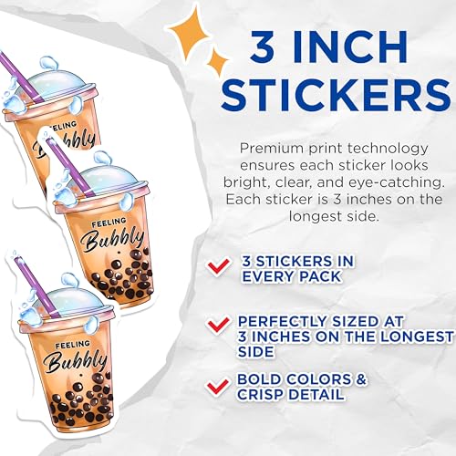 (3 Pack) Bubble Tea Decals - Feeling Bubbly Sticker - Laptop Decals - 3 Inches On Longest Side - Easy Peel & Apply - Made in USA - 3MCS6519