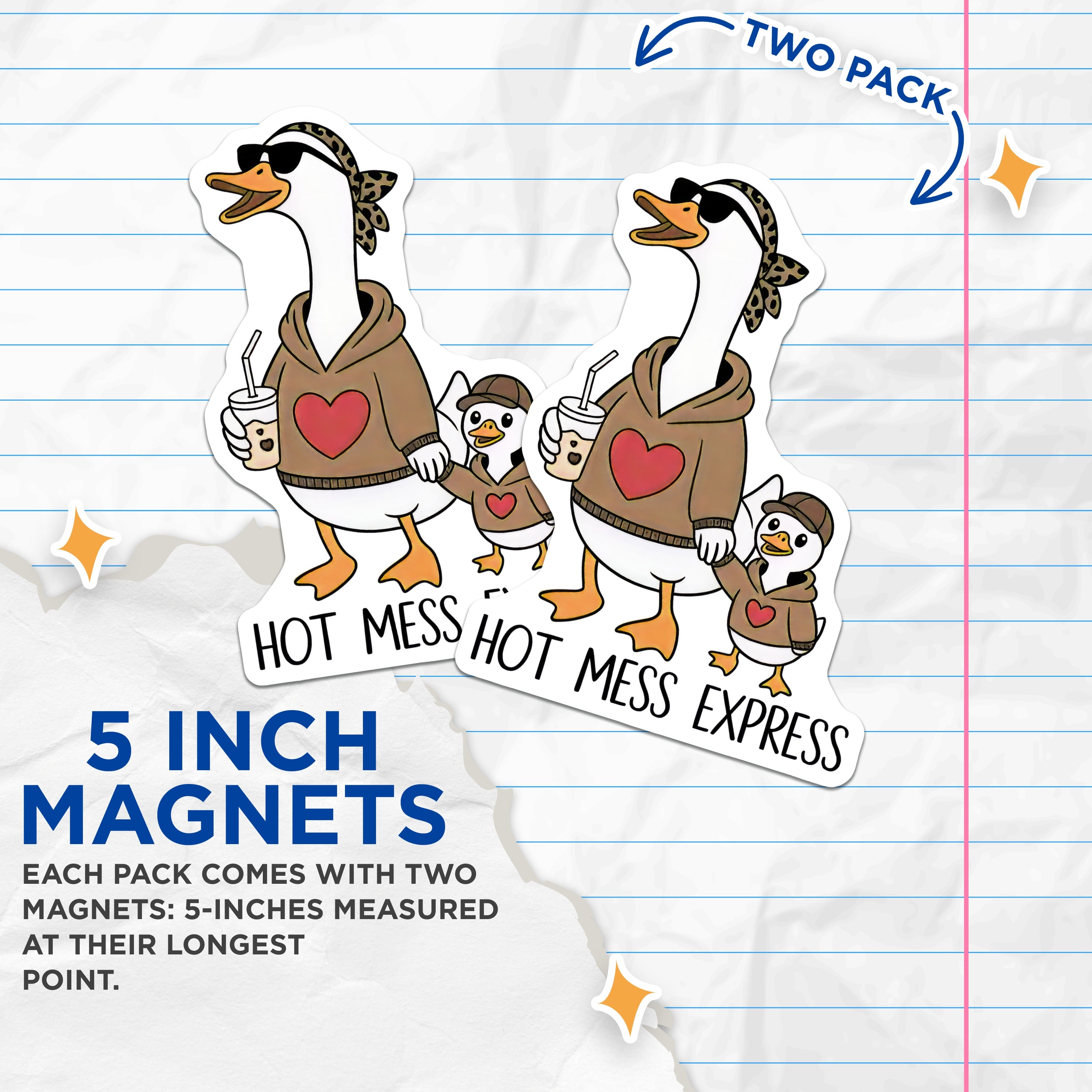 (2 Pack) Hot Mess Express Magnets - Funny Mom Life - Goose Duck Parent Humor - Refrigerator Decor Item - 5 Inches On Longest Side - Thick Durable Magnet - Made in USA - MAG38450