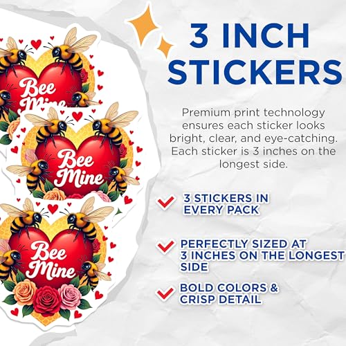 (3 Pack) Bee Mine Decals - Honeybee Love - Valentine Heart Laptop Decal - 3 Inches On Longest Side - Easy Peel & Apply - Made in USA - 3MCS8622
